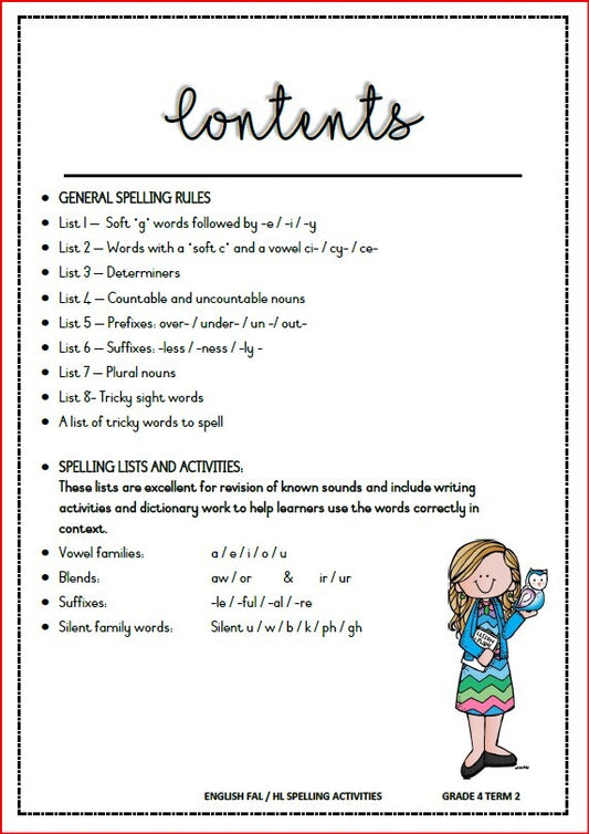 ENGLISH FAL SPELLING BOOKLET & ACTIVITIES TERM 1-3 GRADE 4
