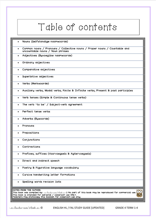 English HL / FAL Study guide & Spelling lists Gr 4-5