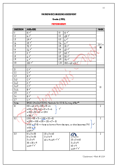 Maths Baseline Assessment Gr 4 2024
