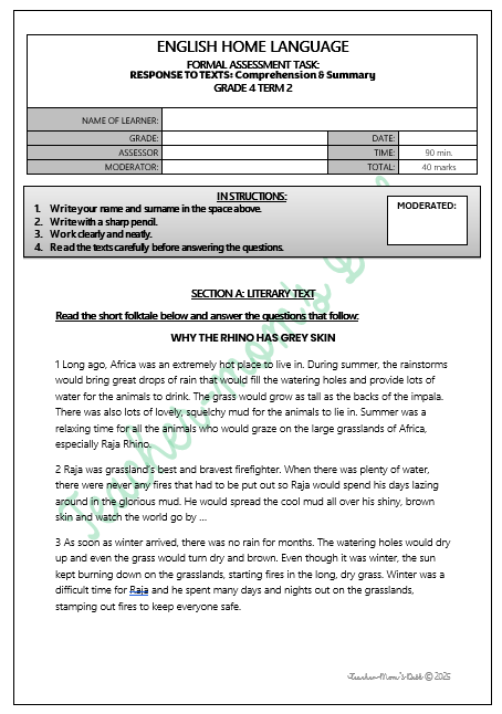 ENG HL FAT: RESPONSE TO TEXTS GR 4 TERM 2