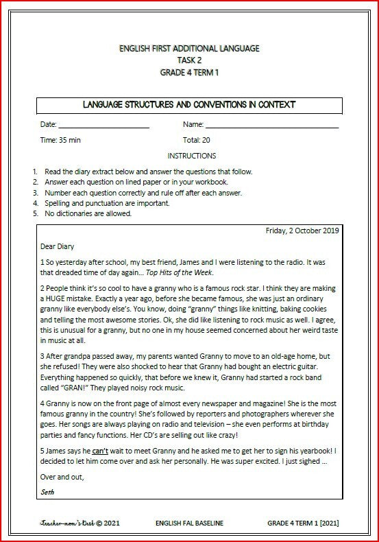 ENGLISH FAL BASELINE ASSESSMENT TERM 1 GRADE 4
