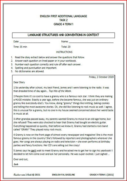 ENGLISH FAL BASELINE ASSESSMENT TERM 1 GRADE 4