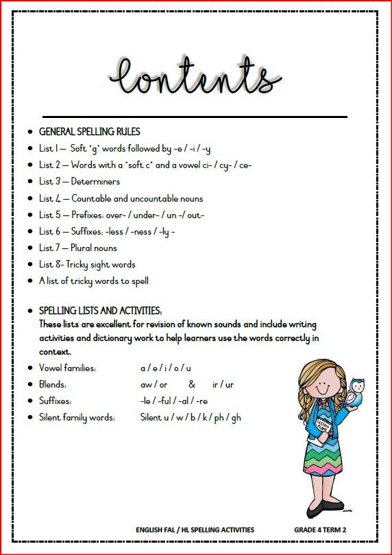 ENGLISH FAL SPELLING BOOKLET & ACTIVITIES TERM 1-3 GRADE 4