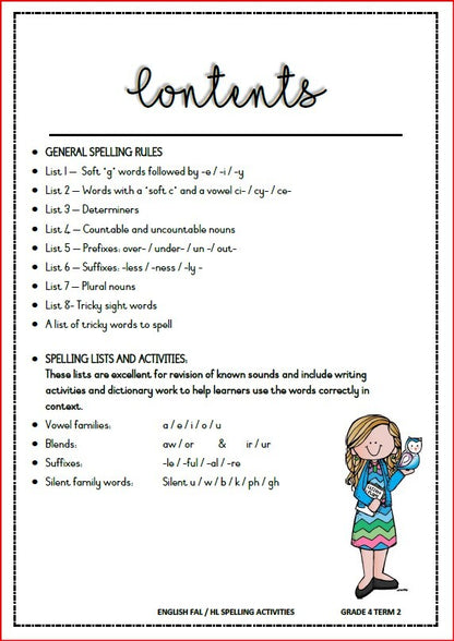 ENGLISH FAL SPELLING BOOKLET & ACTIVITIES TERM 1-3 GRADE 4