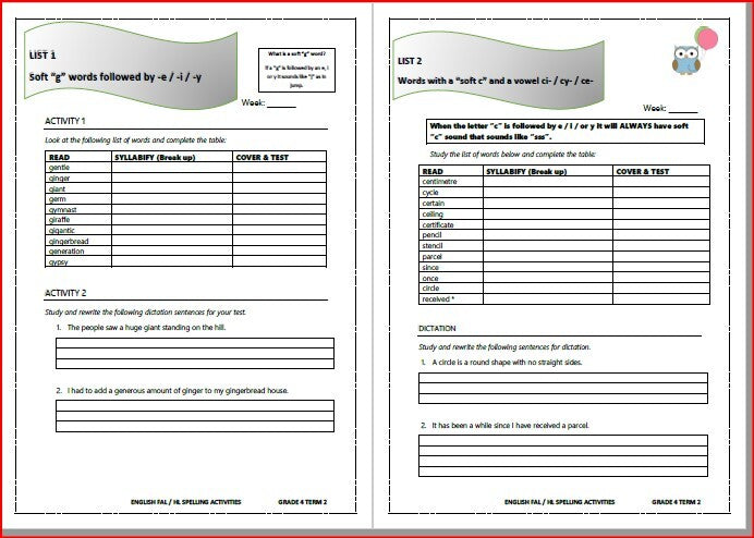 ENGLISH FAL SPELLING BOOKLET & ACTIVITIES TERM 1-3 GRADE 4