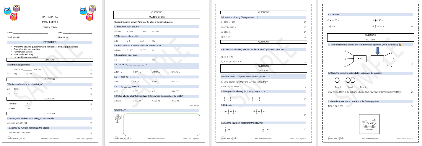 MATHS EXAM PAPERS & MEMO'S GR 4 TERM 4
