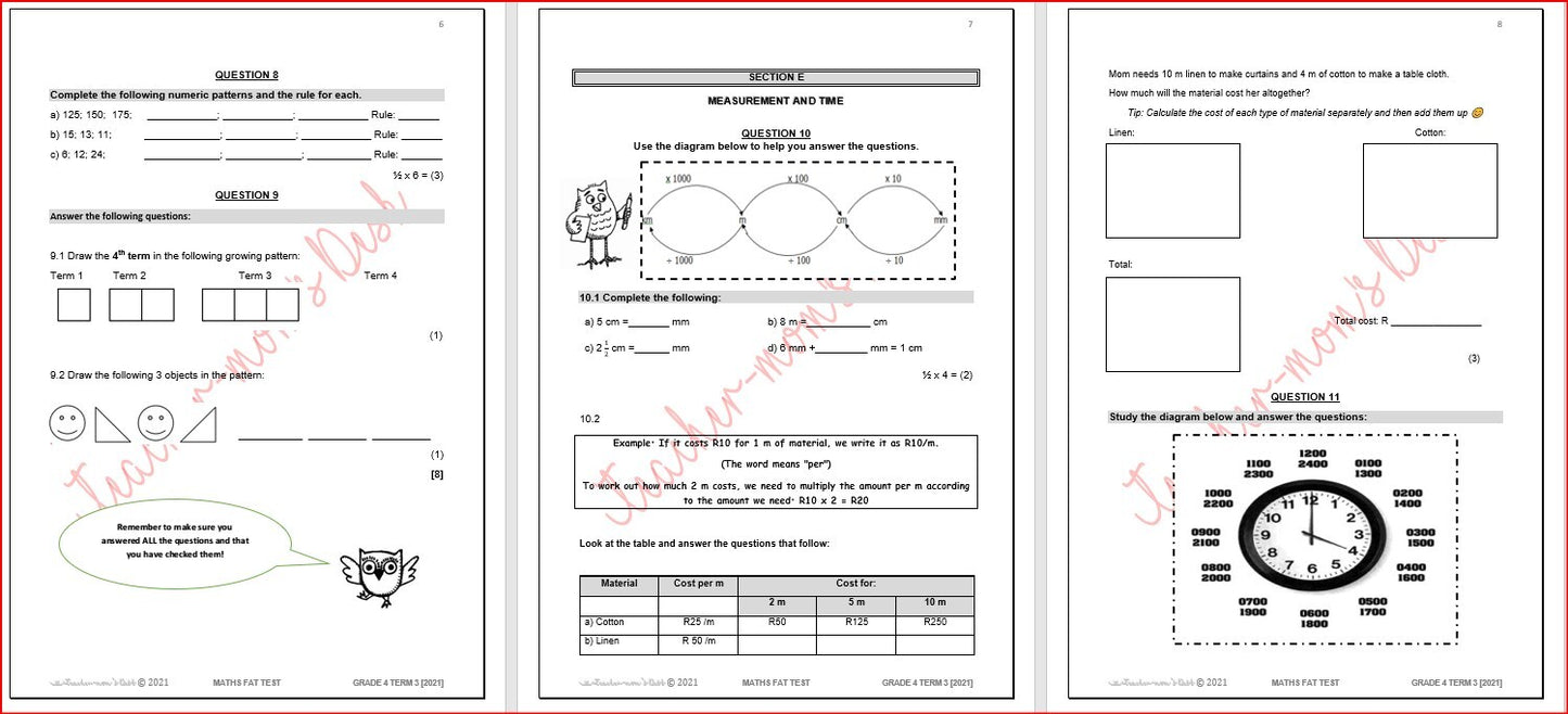 MATHS REVISION TEST & MEMO GR 4 TERM 3