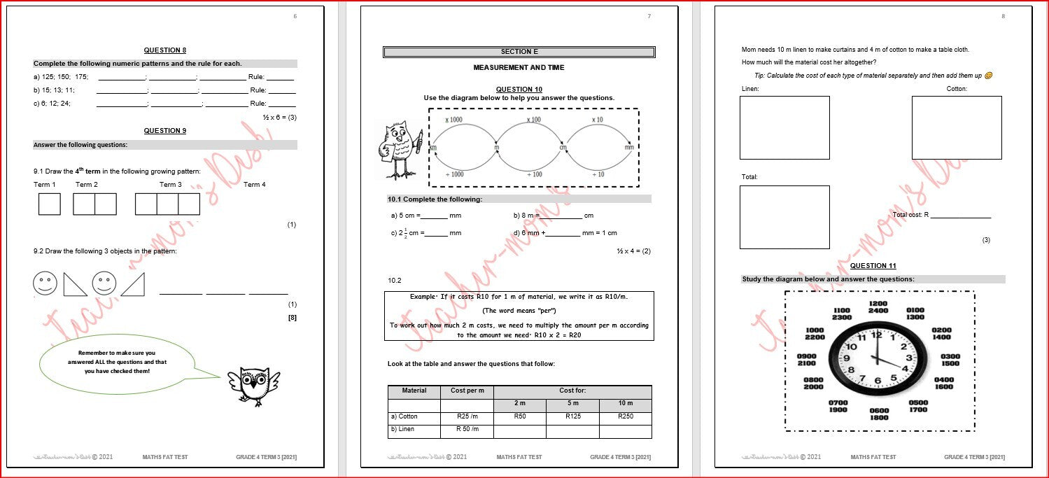 MATHS REVISION TEST & MEMO GR 4 TERM 3
