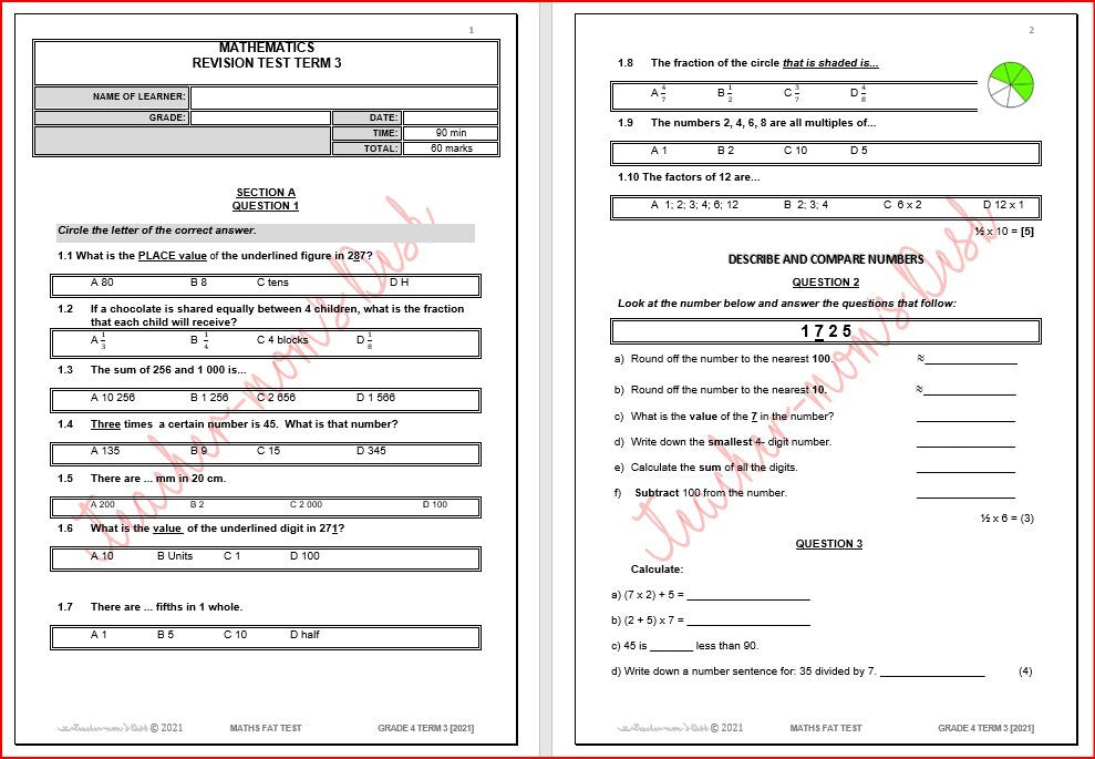 MATHS REVISION TEST & MEMO GR 4 TERM 3