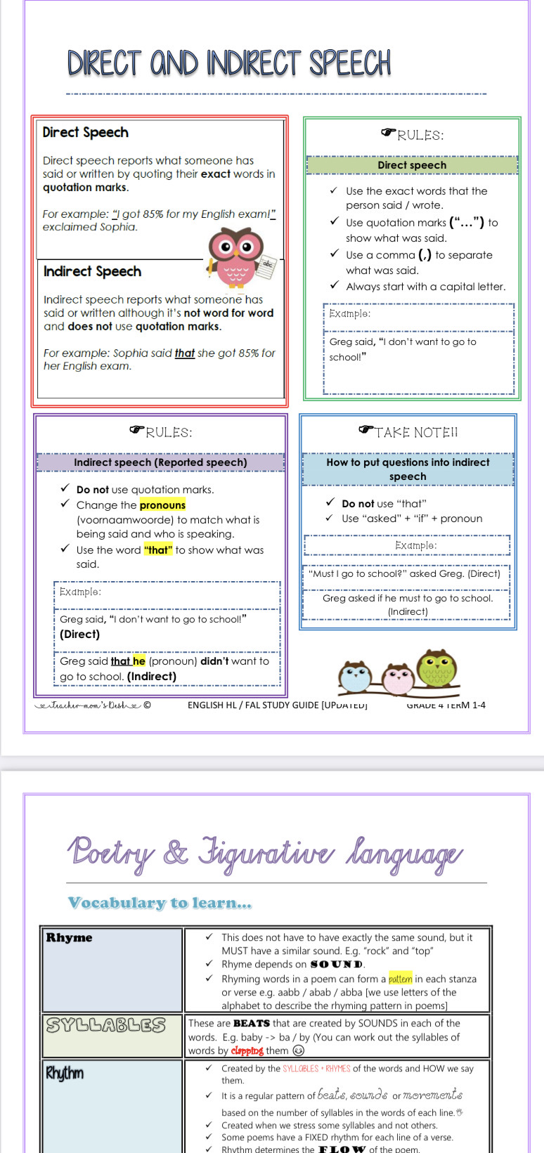English HL / FAL Study guide & Spelling lists Gr 4-5