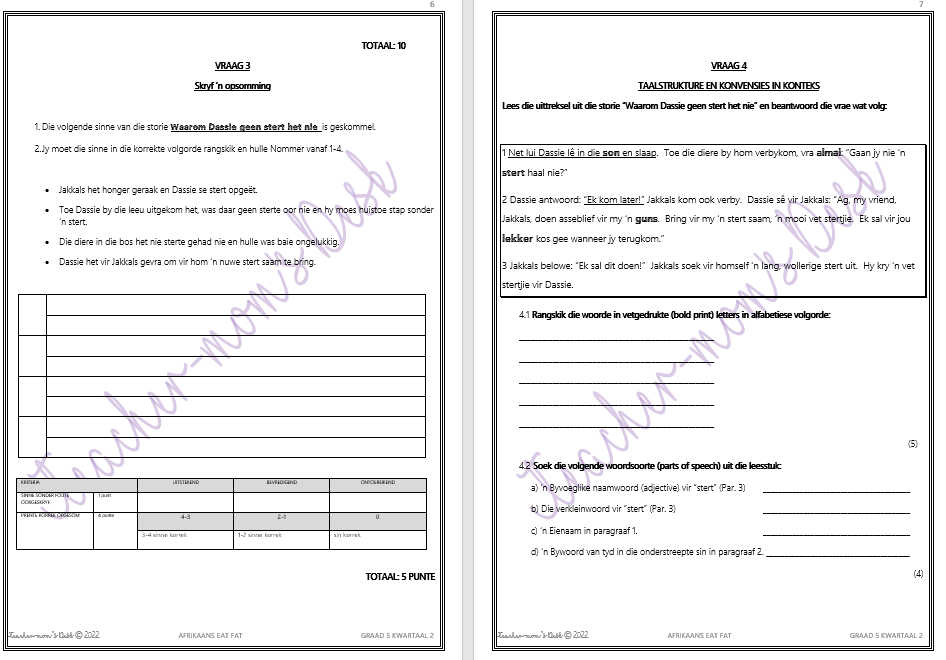 AFRIKAANS EAT FAT: RESPONS OP TEKSTE GR 5 KWARTAAL 2