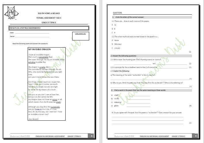 ENG HL WORKBOOK / REVISION TESTS GR 5 TERM 3 2022