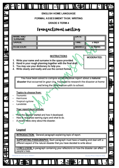 ENGLISH HOME LANGUAGE FAT: Response to texts Grade 6 Term 4