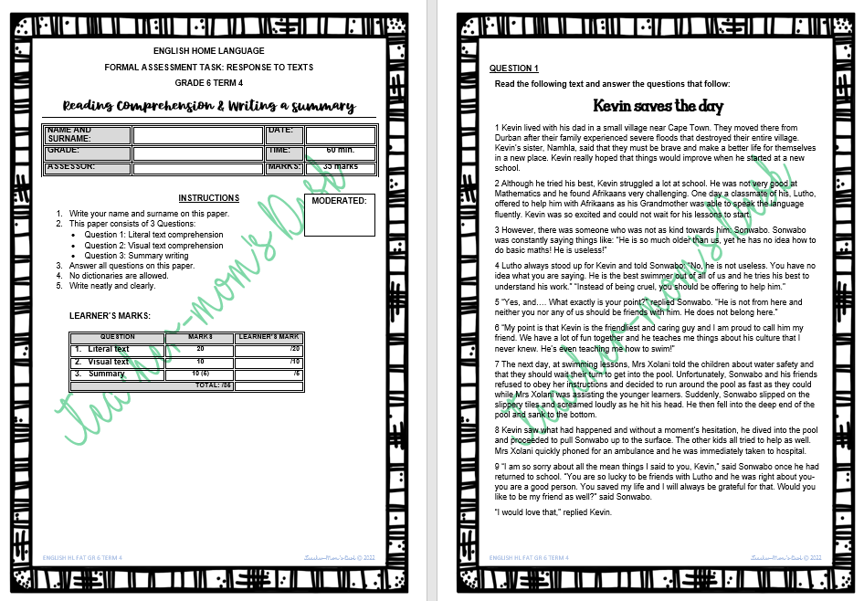 ENGLISH HOME LANGUAGE FAT: Response to texts Grade 6 Term 4