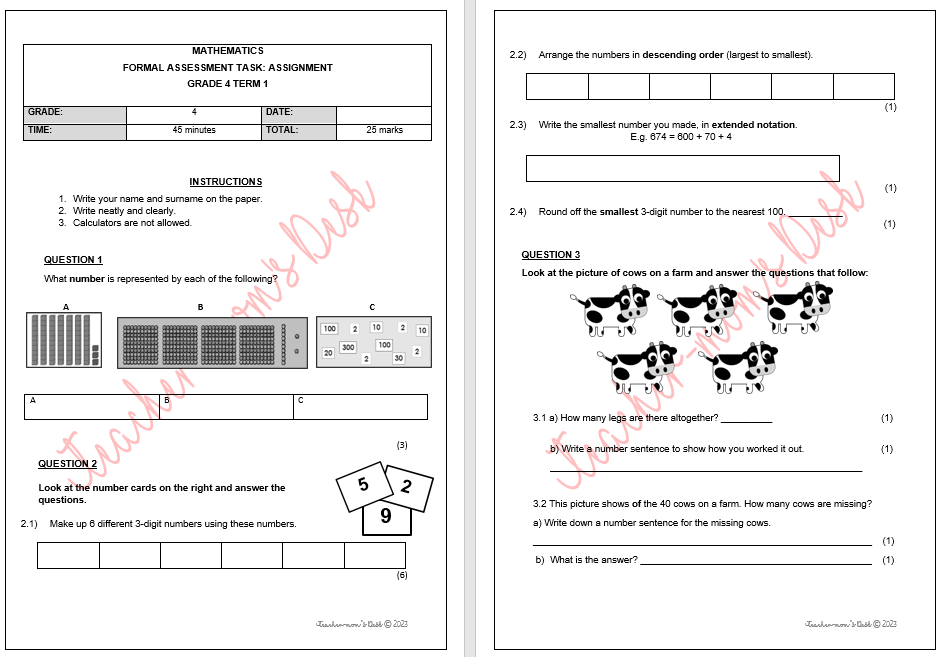 MATHS FAT: ASSIGNMENT GR 4 TERM 1 [2023]