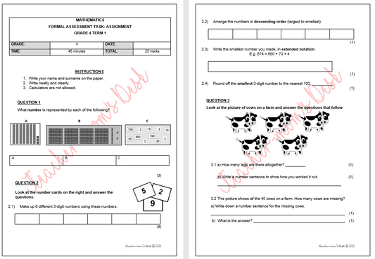 MATHS FAT: ASSIGNMENT GR 4 TERM 1 [2023]