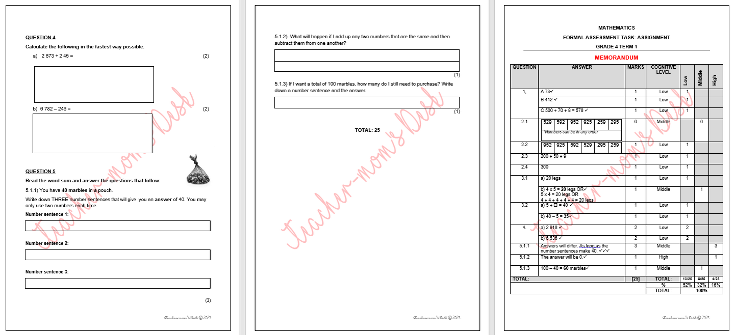 MATHS FAT: ASSIGNMENT GR 4 TERM 1 [2023]