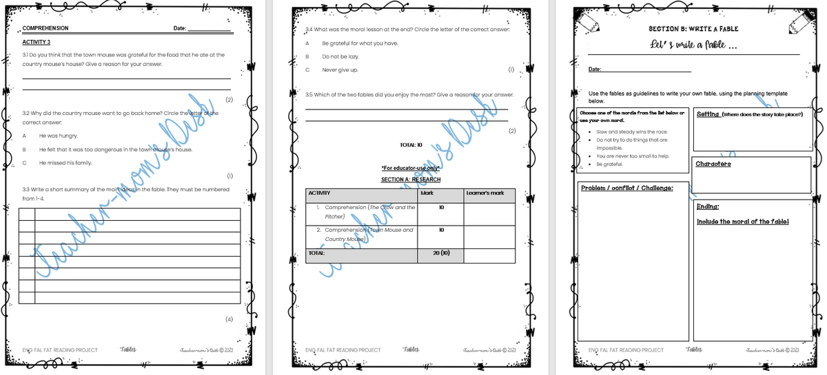 ENG FAL READING PROJECT: FABLES GR 4/5 TERM 3 2023 – Teacher-mom's Desk
