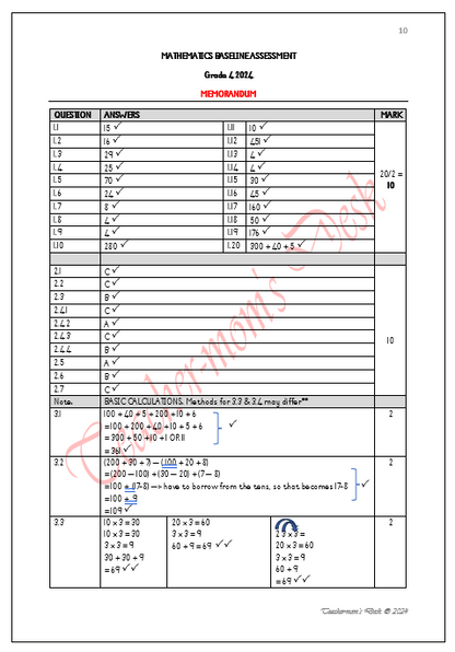 Maths Baseline Assessment Gr 4 2024