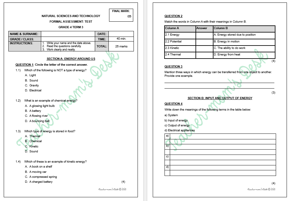 NATURAL SCIENCES & TECHNOLOGY FAT TASKS GR 4 TERM 3 2025