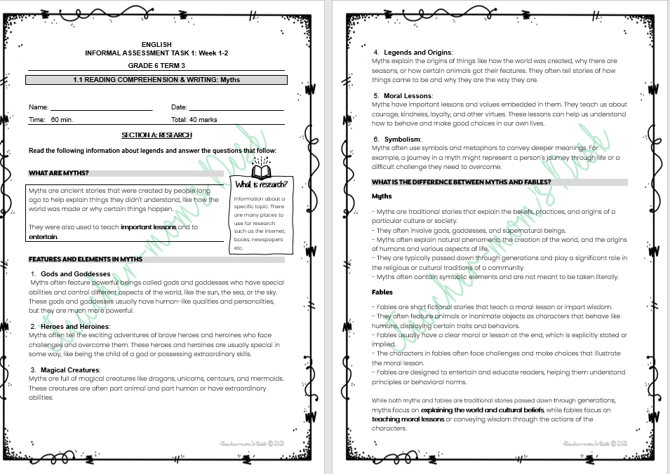 Eng HL/FAL Informal Assessment Term 3 Gr 6 Bundle